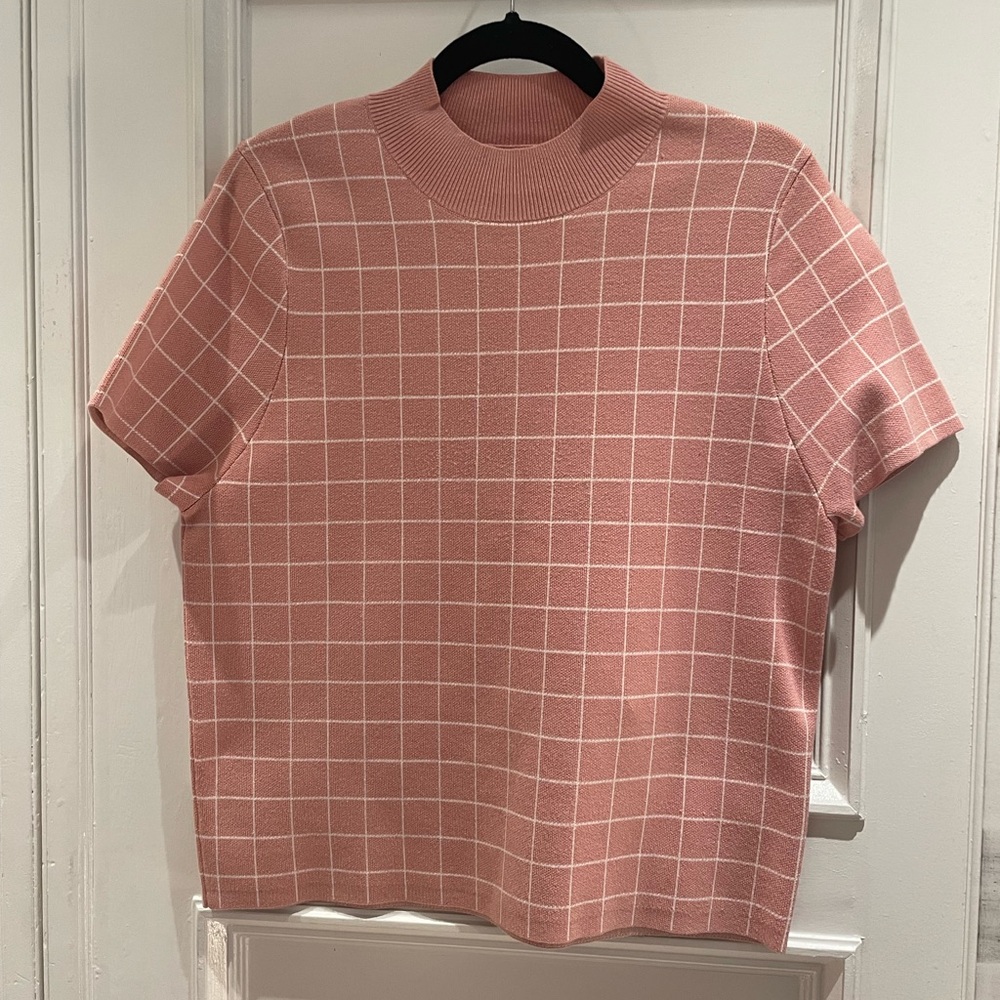 Maeve Pink Grid Pattern Short Sleeve Sweater